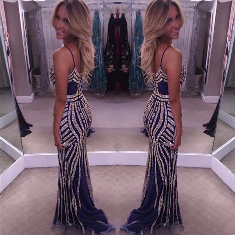 Navy Blue Rhinestone Formal Prom Pageant Dress